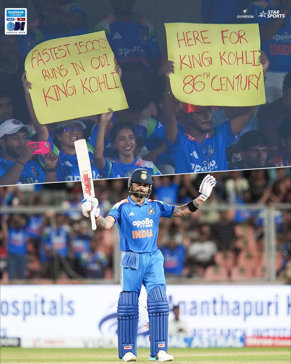StarSportsIndia's tweet photo. Fastest to 15,000 ODI runs. 86th century. Just another day for Virat Kohli 👑🔥

Fans asked, King obliged 🙌

#INDvWI 1st ODI 👉 LIVE NOW 👉 https://t.co/zk2ABY21JG https://t.co/MAej4uIPYa