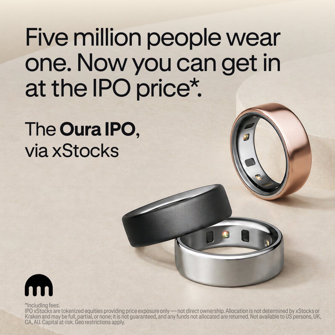 krakenfx's tweet photo. More than 5 million people wear an @ouraring. Most never get the chance to buy in before a company lists.

Request OURAx early through @xStocksFi at the same price as the institutions. 

→ https://t.co/Vc6tUX5NnX https://t.co/wytdpFvunY