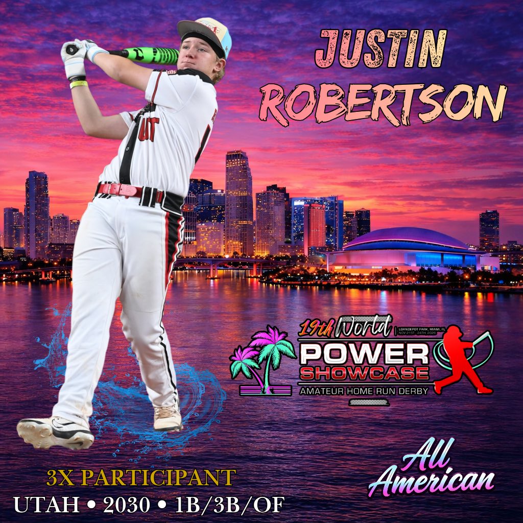 PowerShowcase's tweet photo. The 19th Annual World POWER SHOWCASE is pleased to announce that Student-Athlete & Top National Power-Hitting ~ Justin Robertson ‘30, 1B/3B/OF (Lone Peak H.S, Highland, UT), will proudly represent UT in the renowned 15U Home Run Derby and during the All-American Classic Game. The event is being held at beautiful loanDepot Park, home to the Miami Marlins, from January 16th through the 18th. Congratulations, Justin ~ You are a 3X POWER SHOWCASE All-American. Stay tuned to see who’s next! #powershowcase #bombsaway #miamimoonshots #southbeachsluggers⚾️ ⚾️