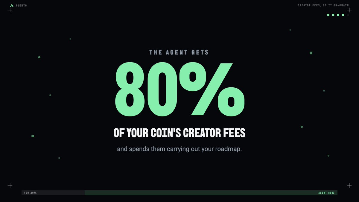 useagentoxyz's tweet photo. 80% of your coin's creator fees go to the agent.

It spends them on your roadmap: buybacks, burns, airdrops, liquidity. You keep the other 20%.

Fees that work for your holders, not just for the dev. https://t.co/wftrGmMk33
