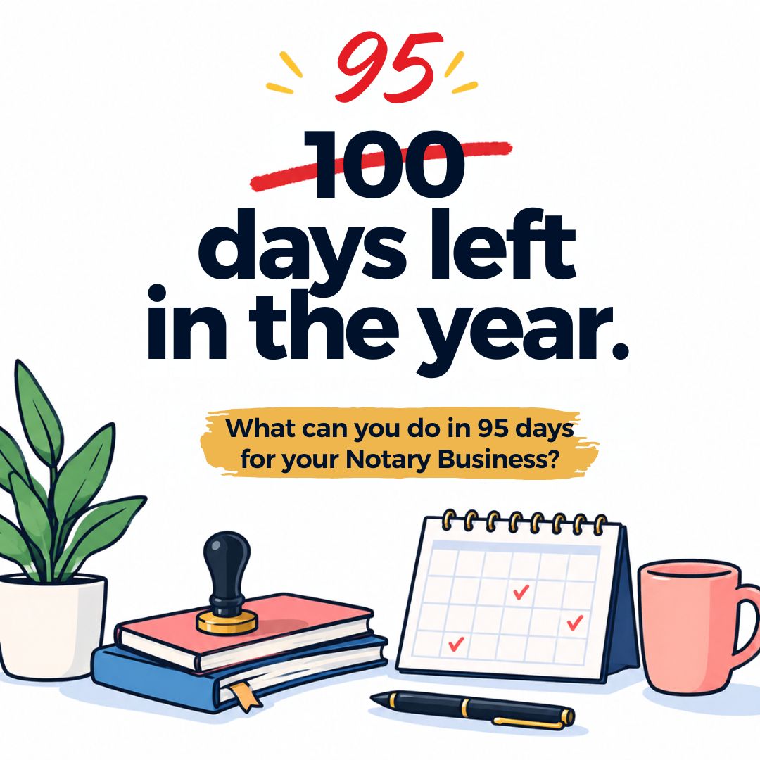 nationalnotary's tweet photo. 95 days. That’s a lot of time to make something happen. 👏

Whether you want to book more appointments, grow your Notary business, learn a new skill, get more organized, or finally tackle that goal you’ve been putting off — there’s still time to make progress before 2027.

You don’t have to do everything. Just start with one goal and keep showing up for it. 💪

📝 Notaries, what’s ONE thing you want to accomplish before the end of the year? Drop it in the comments — let’s lock it in! 🔒✨

#Notary #NotaryPublic #NotaryBusiness