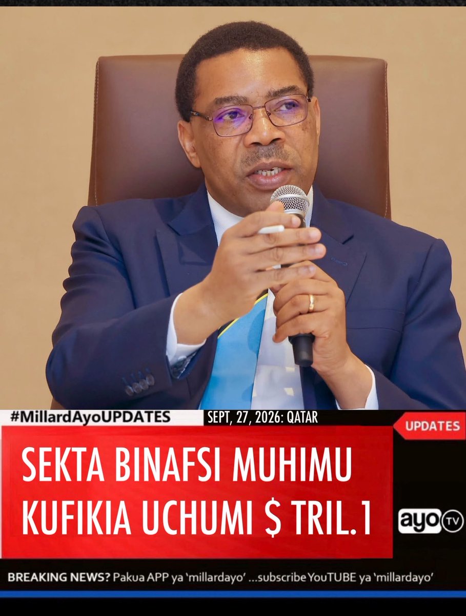 millardayo's tweet photo. Waziri Mkuu wa Jamhuri ya Muungano wa Tanzania, Dkt. Mwigulu Nchemba amesema ushirikishwaji wa sekta binafsi ni muhimu katika kufanikisha azma ya Tanzania kufikisha thamani ya uchumi wa Taifa hadi dola za Marekani trilioni moja ifikapo mwaka 2050.

Dkt. Mwigulu ameyasema hayo leo Septemba 27, 2026 Jijini Doha, Qatar alipokutana na Makamu wa Kwanza wa Chama cha Wafanyabiashara na Wenye Viwanda cha Qatar (QCCI), Mohammed bin Ahmed bin Twar Al Kuwari pamoja na ujumbe wake.

“Tunaamini kwamba Serikali peke yake haiwezi kufanikiwa katika uwekezaji huo bila kushirikisha wawekezaji wa ndani au wa nje, ndiyo maana Serikali imeweka vivutio vya kiuwekezaji ili kuvutia mitaji,” amesema Dkt. Mwigulu.

Katika kikao hicho, Viongozi hao wamejadili masuala mbalimbali ya uchumi na uwekezaji, pamoja na kuainisha fursa zilizopo Tanzania na Qatar, pamoja na fursa zinazotokana na ushiriki wa Nchi hizo katika jumuiya za kikanda za Jumuiya ya Afrika Mashariki (EAC), Jumuiya ya Maendeleo Kusini mwa Afrika (SADC) na Baraza la Ushirikiano la Nchi za Kiarabu za Ghuba (GCC).
#MillardAyoUPDATED