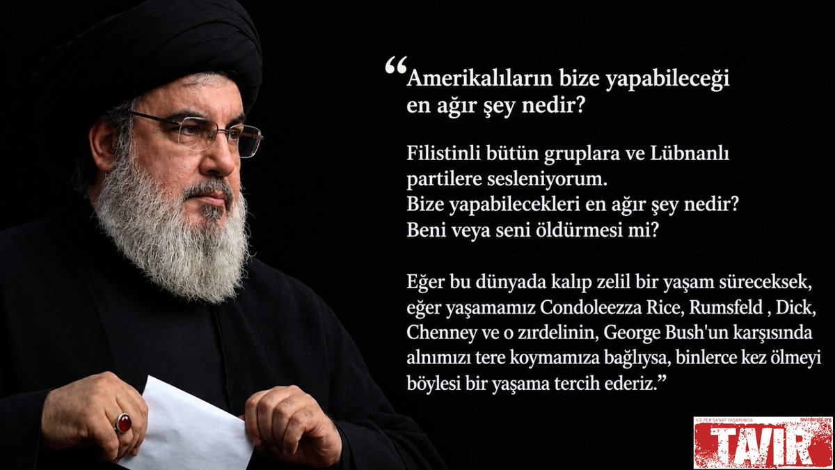 TavirYeni1's tweet photo. TAVIR;

Filistin Direnişinin yanında yer alan, Ortadoğu'da ABD hegemonyasına karşı uzlaşmaz bir çizgide mücadele eden Lübnan Hizbullah'ı Önderi Nasrallah'ın aramızdan ayrılışının 2. yılında saygıyla anıyoruz... https://t.co/TUxcEPj0bs