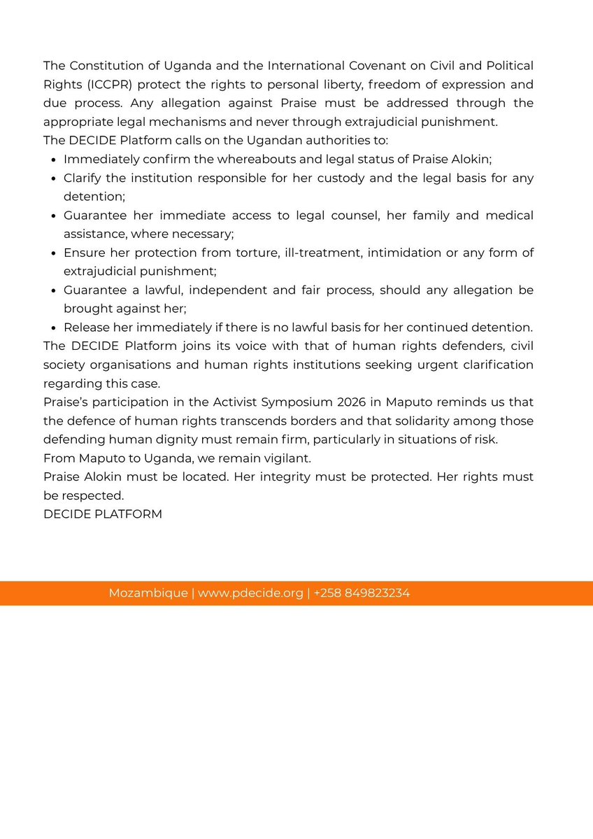 PDecide23's tweet photo. Urgent Statement on the Enforced Disappearance of Human Rights Defender Praise Alokin, who participated in the recent symposium in Maputo.

#DECIDE https://t.co/dS1mLvGCid