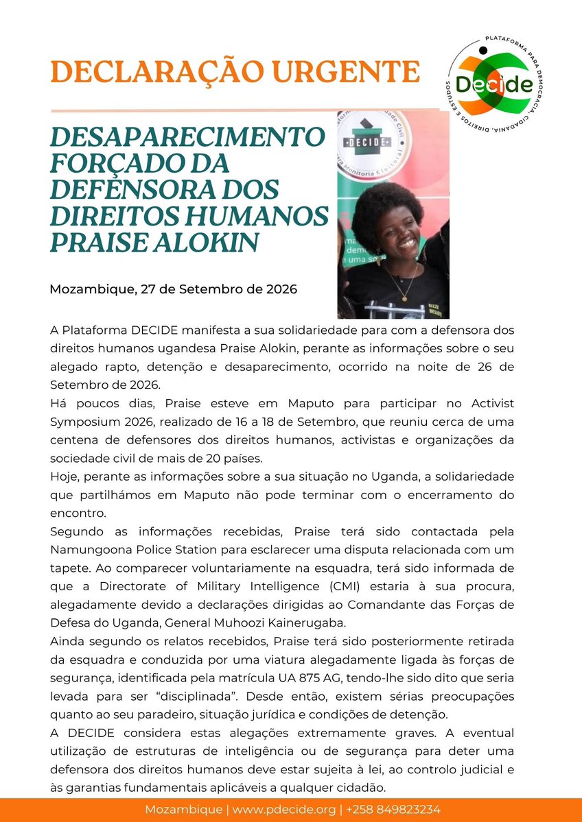 PDecide23's tweet photo. Urgent Statement on the Enforced Disappearance of Human Rights Defender Praise Alokin, who participated in the recent symposium in Maputo.

#DECIDE https://t.co/dS1mLvGCid