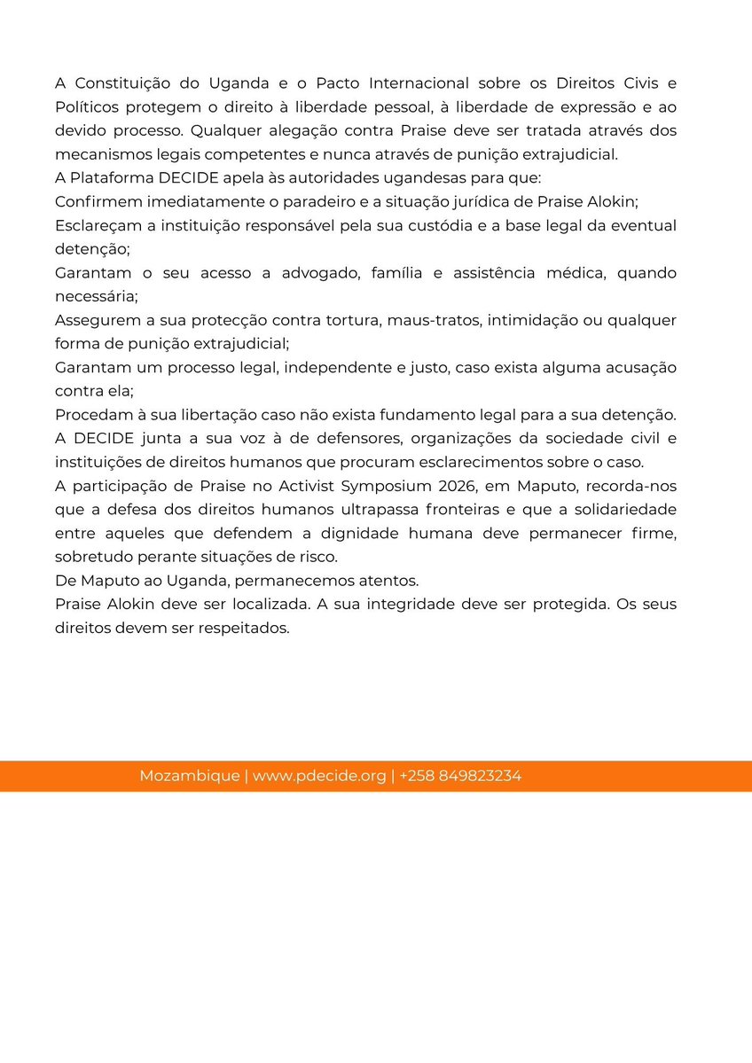 PDecide23's tweet photo. Urgent Statement on the Enforced Disappearance of Human Rights Defender Praise Alokin, who participated in the recent symposium in Maputo.

#DECIDE https://t.co/dS1mLvGCid