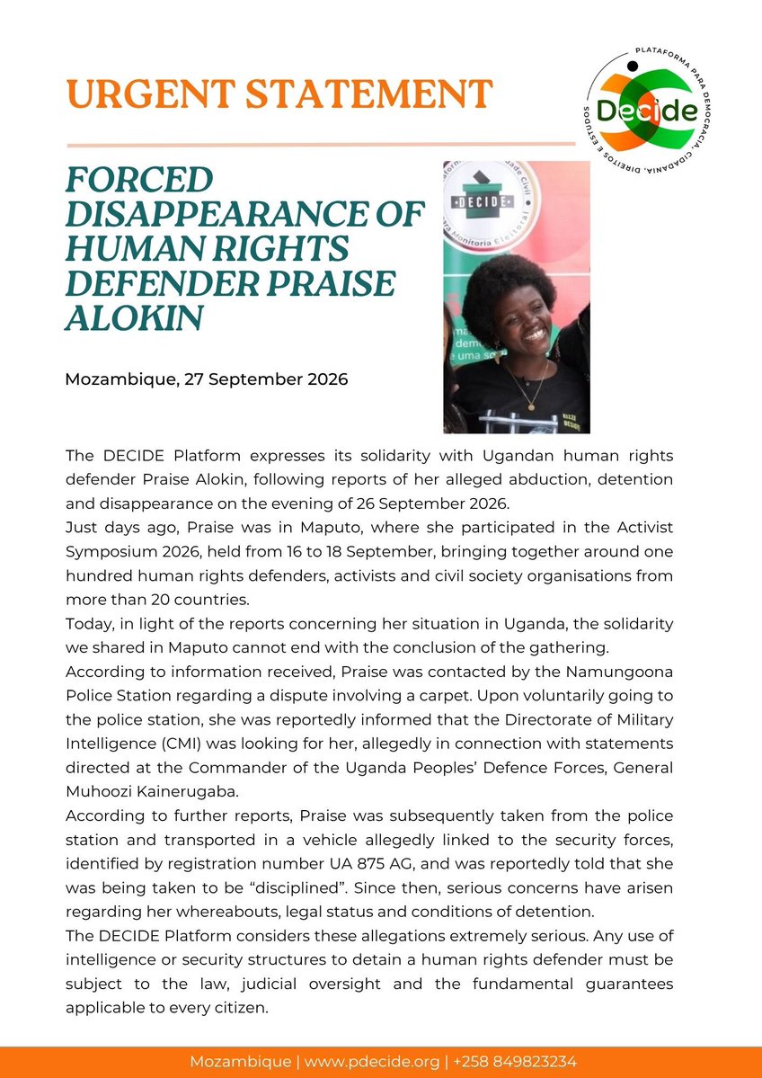 PDecide23's tweet photo. Urgent Statement on the Enforced Disappearance of Human Rights Defender Praise Alokin, who participated in the recent symposium in Maputo.

#DECIDE https://t.co/dS1mLvGCid