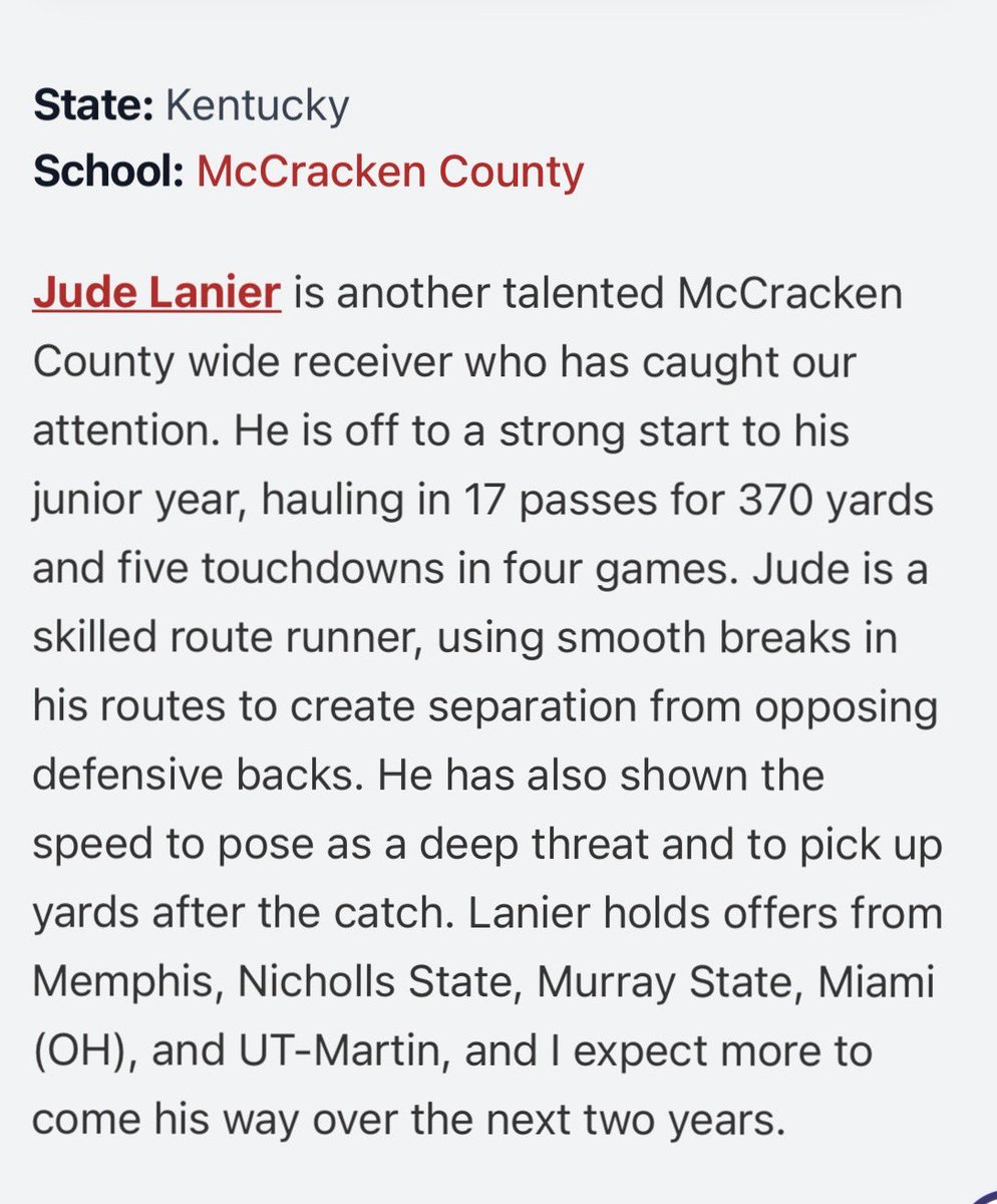 judelanier_2028's tweet photo. Appreciate @LippertScouting & @PrepRedzoneKY for the write-up!

Thankful for the recognition and everyone who continues to believe in me. Still a lot of work to do!📈

17 REC | 370 YDS | 5 TDs | 4 Games
@BuckFitz @Hunter_DeNote @NatlPlaymkrsAca @MCHFC_Brooks78 
@KYFUTURESTARS 

#AGTG #2028Recruit #WR #KentuckyFootball
