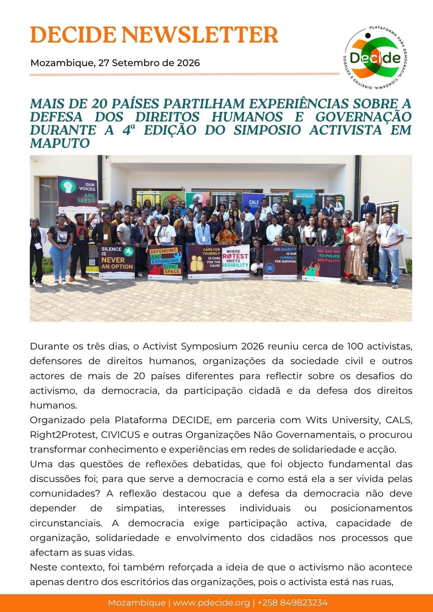 PDecide23's tweet photo. [PT-EN] Our DECIDE newsletter covering the Activist Symposium, held in Maputo and attended by participants from 20 countries, is now available.

https://t.co/R50Ug2lKAm

https://t.co/AtJXUQP7WC

#DECIDE https://t.co/L9ho4RbSbS