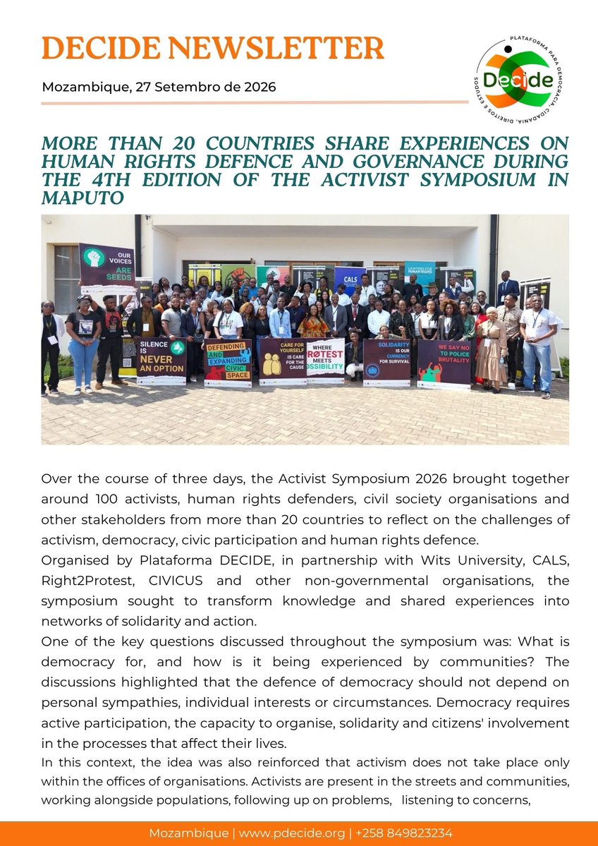 PDecide23's tweet photo. [PT-EN] Our DECIDE newsletter covering the Activist Symposium, held in Maputo and attended by participants from 20 countries, is now available.

https://t.co/R50Ug2lKAm

https://t.co/AtJXUQP7WC

#DECIDE https://t.co/L9ho4RbSbS
