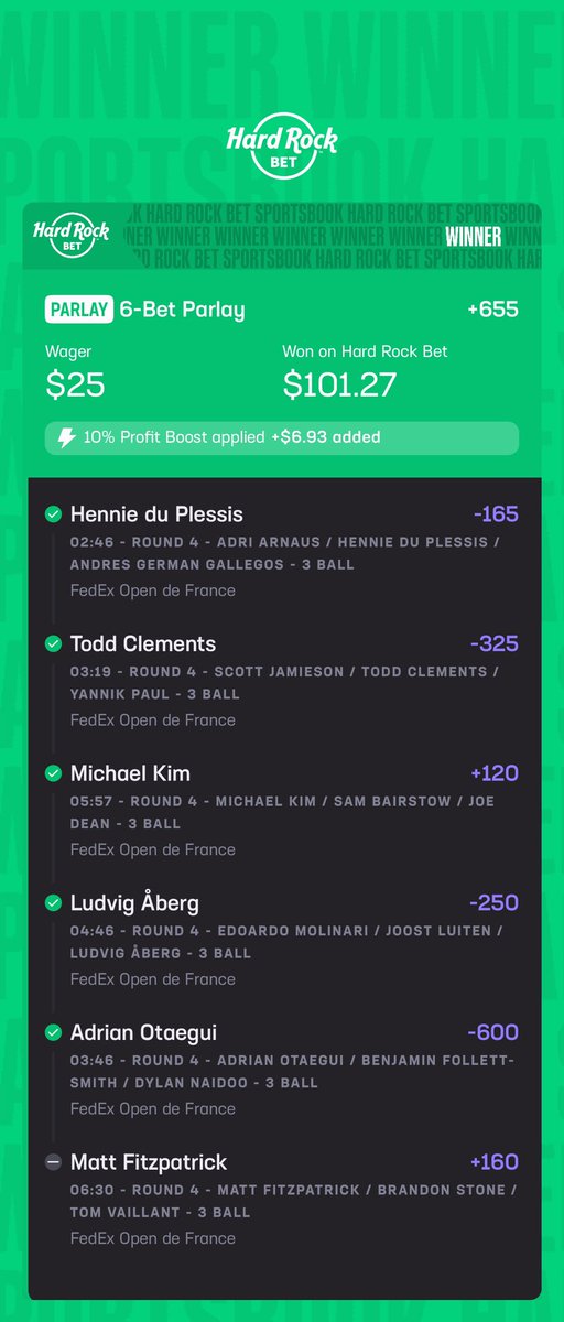 Wesley_Pratt's tweet photo. @HardRockBet why did you void Fitzpatrick?? He won the entire open. You did this on two of my winning tickets. Even if he should've been voided (which he shouldn't) the math calculating the odds is wrong. $25>101.27 with +655? Please investigate and correct.This is a winning slip https://t.co/Yv1fmlRGsb