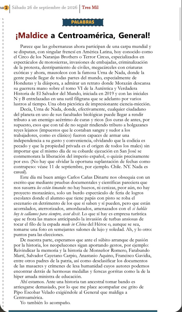 bavelarr's tweet photo. Los invito a leer este prólogo de la Revista Tres Mil. Y luego el artículo en cuestión de @ccdinarte2010. 

Parafraseo: Así como les surgió este repentino golpe de pasión por la historia con un culto a Morazán, ahora sigan con Monseñor Romero y otros padres de la patria. https://t.co/9KoZitFWJG
