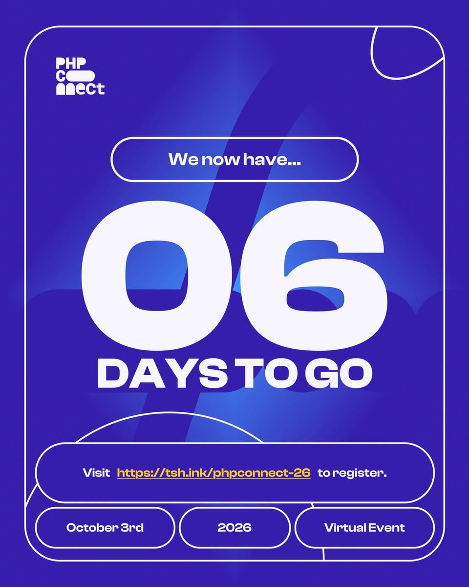 PhpTalks's tweet photo. 6 DAYS TO PHPConnect’26 🔥

The wait is getting shorter.

This year’s theme is AI and the Engineer.

What does AI mean for the way engineers work?

What opportunities are opening up?

What should we be learning, building, and thinking about?

These are some of the conversations we’ll be having at PHPConnect’26, alongside technical sessions, competitions, community moments, and a whole lot more.

The date is getting closer.

The team is ready.

The question is…

Are you? 👀

📅 October 3, 2026
🎟️ Save your seat: https://t.co/TgC2ueMRBh

See you at PHPConnect’26! 🔥

#PHPConnect26 #AIandtheEngineer
