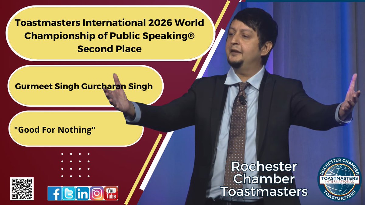 ChamberTmasters's tweet photo. A Sunday Salute to Toastmasters International 2026 World Championship of Public Speaking® second place winner, Gurmeet Singh Gurcharan Singh - Watch here: https://t.co/e25boWAABX #Toastmasters #rochmn #rochester_mn #publicspeaking #rochestermn #toastmastersinternational https://t.co/Rr5msNDDMR