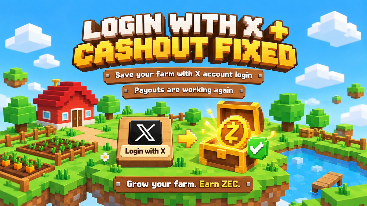 playzecfarm's tweet photo. Big ZEC Farm update 🌱

- Login with X is now live: Your farm/progress can now stay tied to your account

- Cashouts are fixed and working again

Grow your farm. Earn ZEC. Cash out when ready. https://t.co/aWxoyloVNC