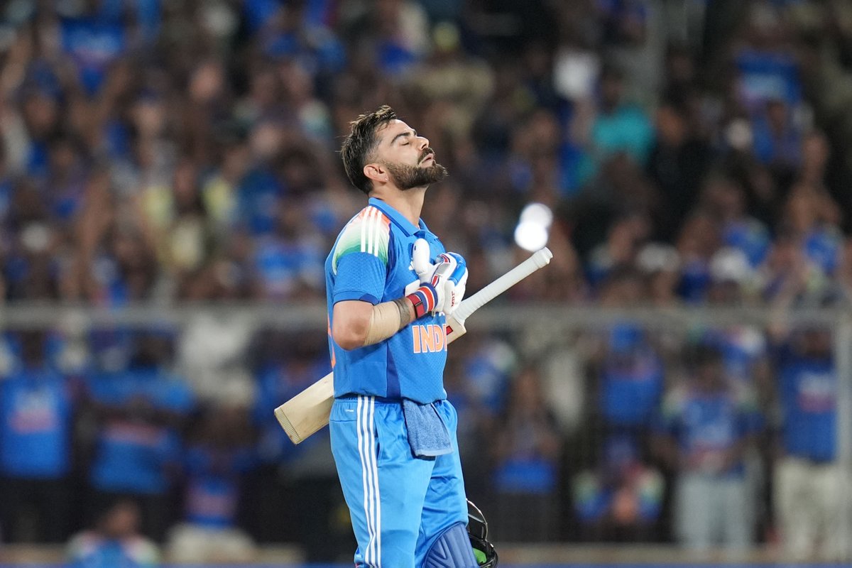 BCCI's tweet photo. A 7️⃣4️⃣-ball century brought up with a six 👏

What an extraordinary knock from Virat Kohli 💯

Watch his ton ▶️ https://t.co/3pd4F4He7P

#TeamIndia | #INDvWI | @mflone_ | @imVkohli https://t.co/V3VMTq6KYg