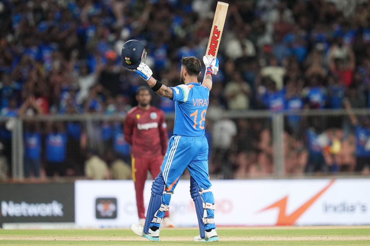 BCCI's tweet photo. A 7️⃣4️⃣-ball century brought up with a six 👏

What an extraordinary knock from Virat Kohli 💯

Watch his ton ▶️ https://t.co/3pd4F4He7P

#TeamIndia | #INDvWI | @mflone_ | @imVkohli https://t.co/V3VMTq6KYg