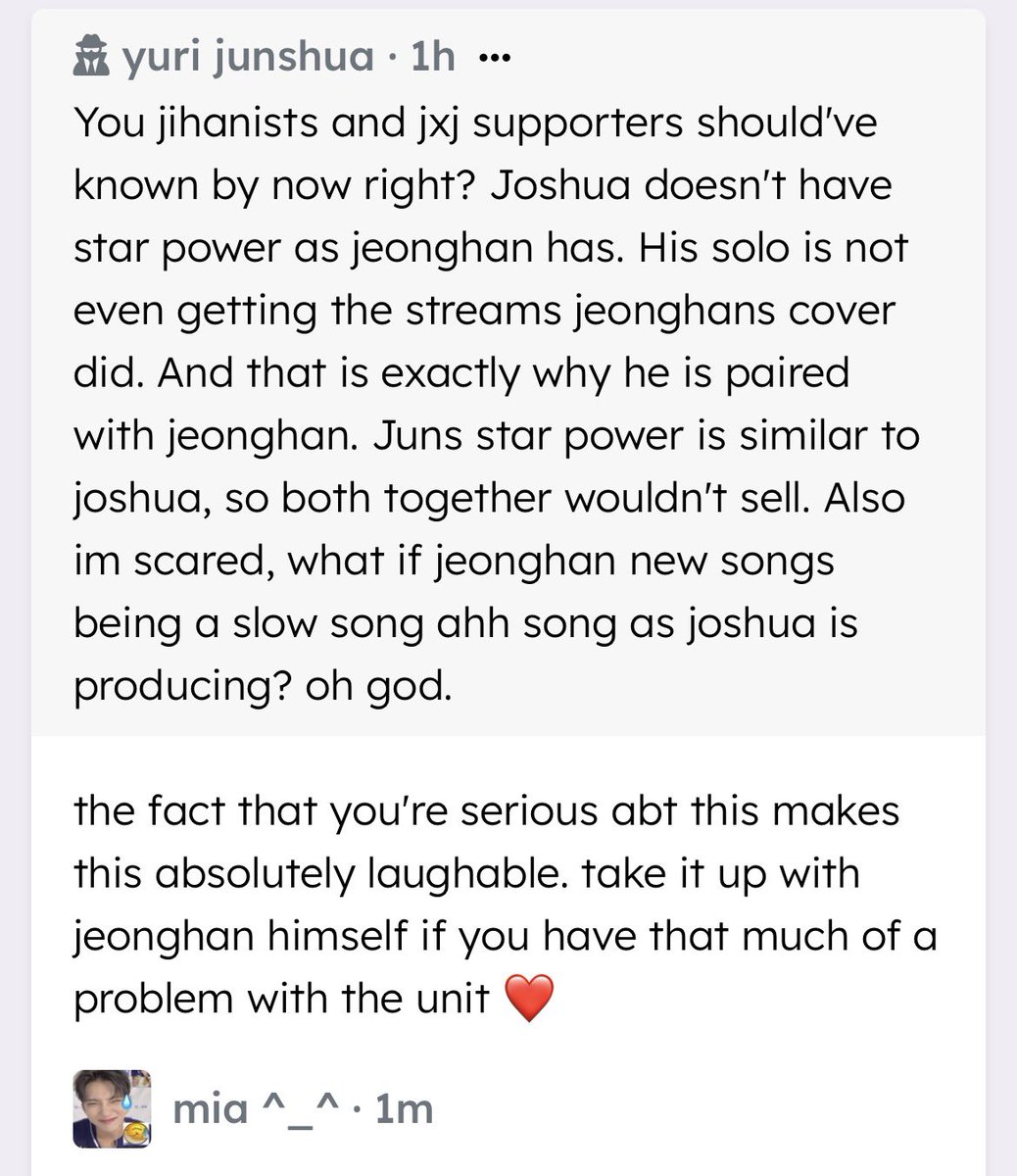 eternalkwan's tweet photo. You jihanists and jxj supporters should've known by now right? Joshua doesn't have star power as jeonghan has. His solo is … — the fact that you're serious abt this makes this absolutely laughable. take it up with jeonghan himself if you have that muc… https://t.co/2SN8EeifMw https://t.co/on5OBDL3tT