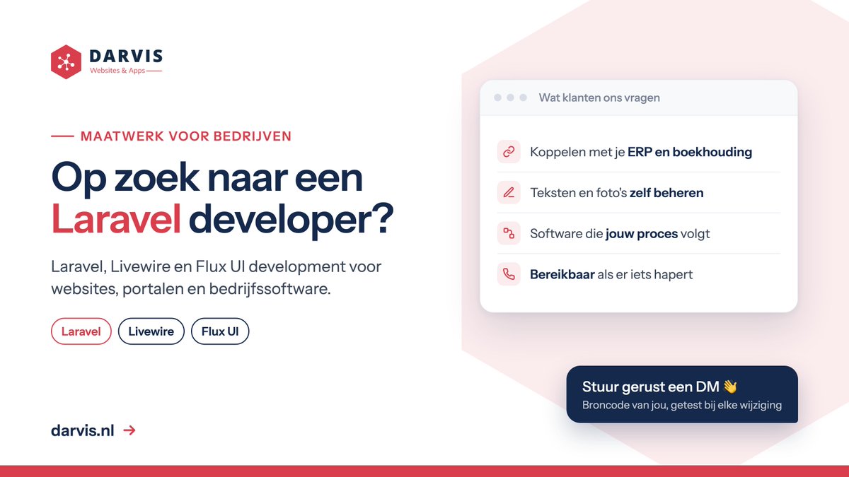 JongArvid's tweet photo. Op zoek naar een Laravel developer?

Wat bedrijven bij mij het vaakst vragen, is zelden "een programmeur". Het is:

🔗 Een koppeling met wat ze al gebruiken: hun ERP, boekhouding of Mollie voor online betalen
✏️ Een beheeromgeving waarin ze zelf teksten, foto's en agenda-items aanpassen
⚙️ Software die hun eigen proces volgt, van order tot factuur
📞 Iemand die bereikbaar is en snel schakelt als er iets hapert

Dat is precies waar Darvis voor is. Ik doe Laravel, Livewire en Flux UI development: snelle webapplicaties zonder een losse JavaScript-laag die apart onderhouden moet worden. De broncode is van jou, bij elke wijziging draait een testsuite en je project blijft bij op actuele Laravel-versies.

Van een website die je zelf beheert tot een klantportaal of complete bedrijfssoftware.

Benieuwd wat dat voor jouw bedrijf kan betekenen? Stuur me gerust een DM.

#Laravel #Livewire #FluxUI #PHP #maatwerk