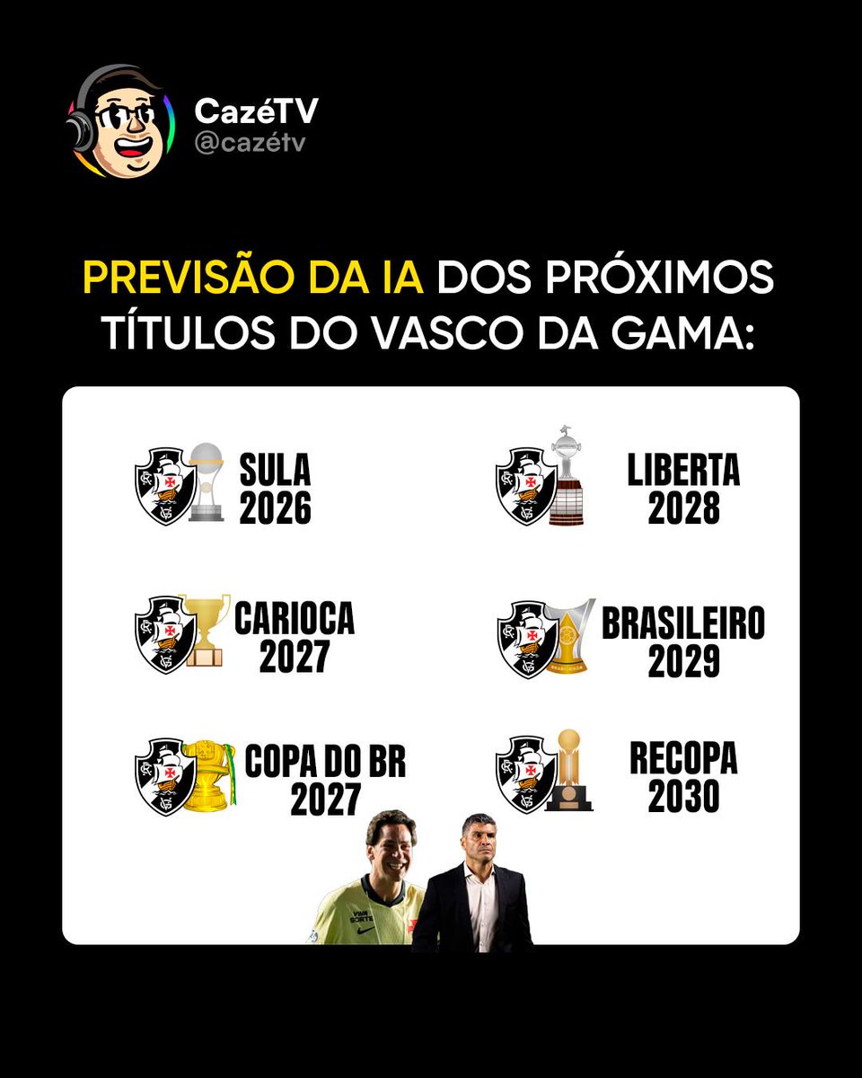CazeTVOficial's tweet photo. O VASCÃO DOMINANTE VAI SER CONSTRUÍDO? O GIGANTE VAI ACORDAR, HEIN!? 💢 Pedimos pra IA simular quando seriam os próximos grandes títulos do Vasco, depois do processo de compra da SAF, definido ontem. A IA emocionou ou tá pés no chão? 👀 https://t.co/LTQ7mUBjit