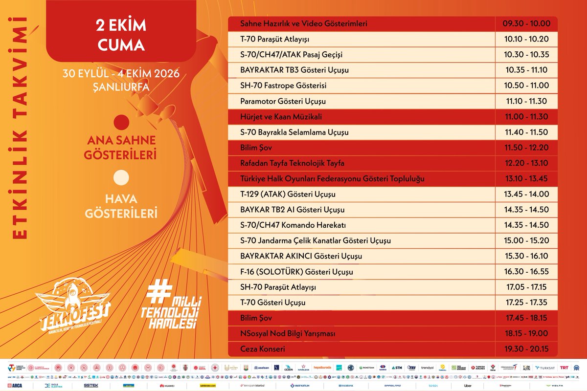 teknofest's tweet photo. 🚀 #TeknofestGüneydoğu "Etkinlik Takvimi"
 
Sergiler ➤ Deneyim Alanları ➤ Teknoloji Yarışmaları ➤ Etkinlik Alanları ➤ Eğitici Atölyeler ➤ Sahne Gösterileri ➤ Konserler 

[30 Eylül - 4 Ekim › Şanlıurfa GAP Havalimanı] 
🎟 Ziyaretçi Kaydı › https://t.co/NF29iTw5Ho https://t.co/oA1FzLzgeM
