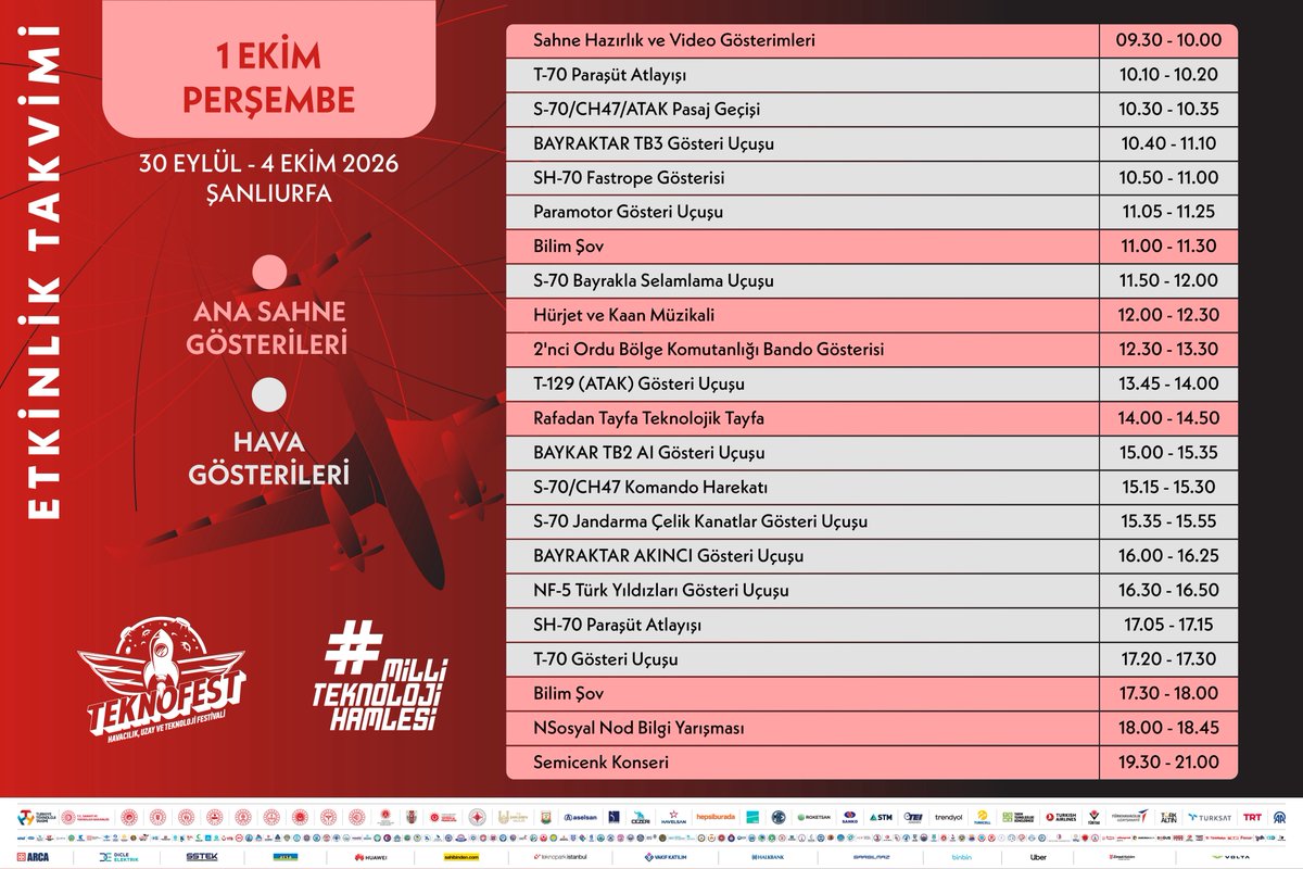 teknofest's tweet photo. 🚀 #TeknofestGüneydoğu "Etkinlik Takvimi"
 
Sergiler ➤ Deneyim Alanları ➤ Teknoloji Yarışmaları ➤ Etkinlik Alanları ➤ Eğitici Atölyeler ➤ Sahne Gösterileri ➤ Konserler 

[30 Eylül - 4 Ekim › Şanlıurfa GAP Havalimanı] 
🎟 Ziyaretçi Kaydı › https://t.co/NF29iTw5Ho https://t.co/oA1FzLzgeM