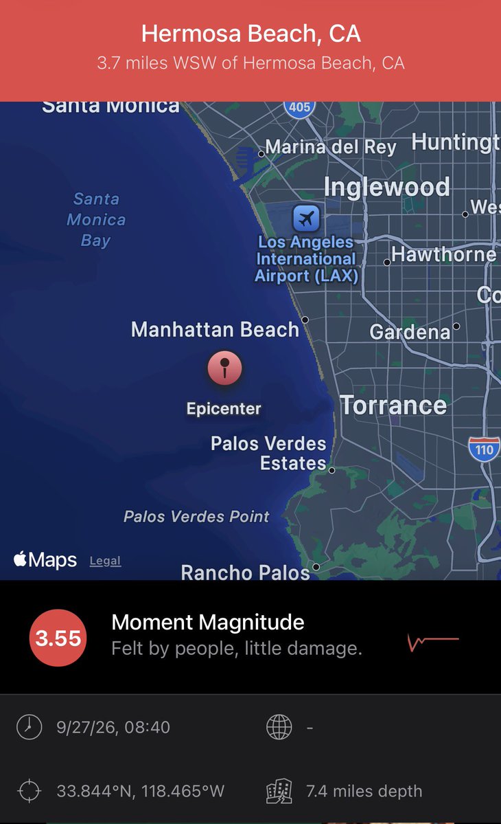 CodeThreeNews's tweet photo. 🚨Did you feel it? A magnitude 3.5 earthquake struck the #HermosaBeach area shortly after 8:40AM, with reports of shaking felt in Los Angeles and neighboring areas https://t.co/M9CB6YgLSG