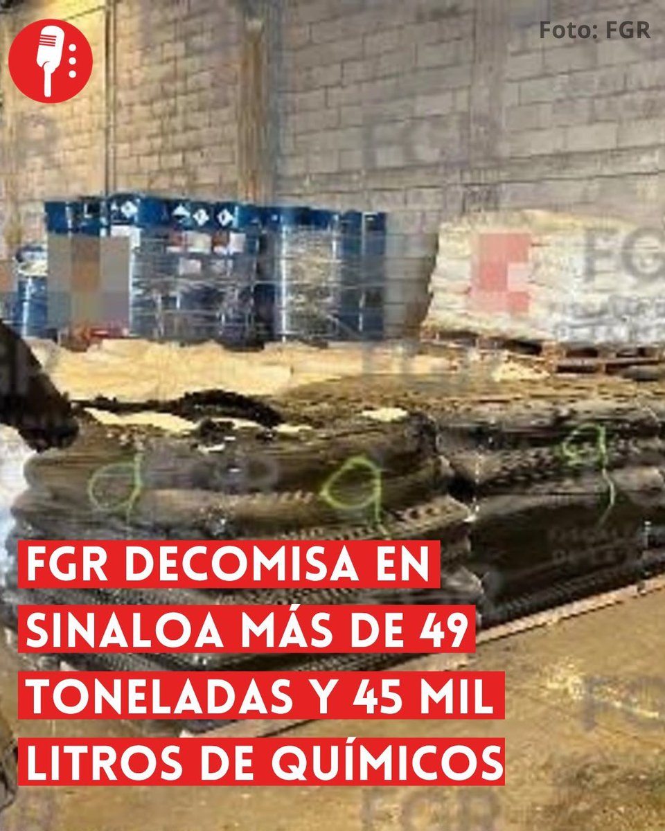 YosoyPedrero's tweet photo. 🚨OJO: FGR DECOMISA EN SINALOA MÁS DE 49 TONELADAS Y 45 MIL LITROS DE QUÍMICOS

La Fiscalía General de la República aseguró más de 49 toneladas y 45 mil litros de sustancias químicas presuntamente utilizadas para la elaboración de drogas sintéticas, durante un cateo en una bodega del poblado El Diez, sobre la carretera Mazatlán-Culiacán, en Sinaloa. https://t.co/v10TdvNxqu