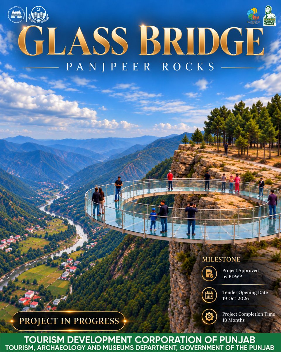 tdcpofficialpk's tweet photo. Coming Soon — Glass Bridge at Panjpeer Rocks!
Get ready to experience breathtaking heights, panoramic mountain views and the natural beauty of Panjpeer Rocks from an entirely new perspective.
#PanjpeerRocks #GlassBridge #ComingSoon #PunjabTourism #TDCP https://t.co/3650jnmnpJ