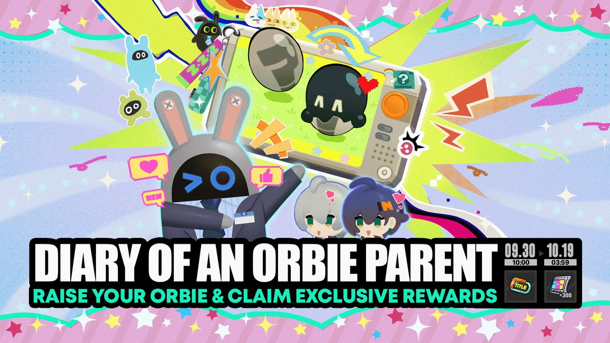 ZZZ_EN's tweet photo. "Diary of an Orbie Parent" Event Details

Event Duration
2026/09/30 10:00 (server time) – 2026/10/19 03:59 (server time)

Requirements
Reach Inter-Knot Lv. 20 and complete Main Story Chapter 1 - Intermission to participate

Event Details
• During the event, Proxies will receive a game console called Orbie-volution to kick off an exclusive Orbie upgrade plan.
• Proxies can obtain 2 Grub from daily login, and obtain 1 Grub by consuming 30 Battery Charge daily, for a total of 3 Grub per day.
• Complete the limited-time reward missions during the event to obtain Polychromes, the title "Chosen Zookeeper", and various upgrade materials.
※ Complete Form pets will be carried over to subsequent events in this series. Pets that have not been fully upgraded during the event period will not retain their upgrade progress.

#zzzero #zenlesszonezero