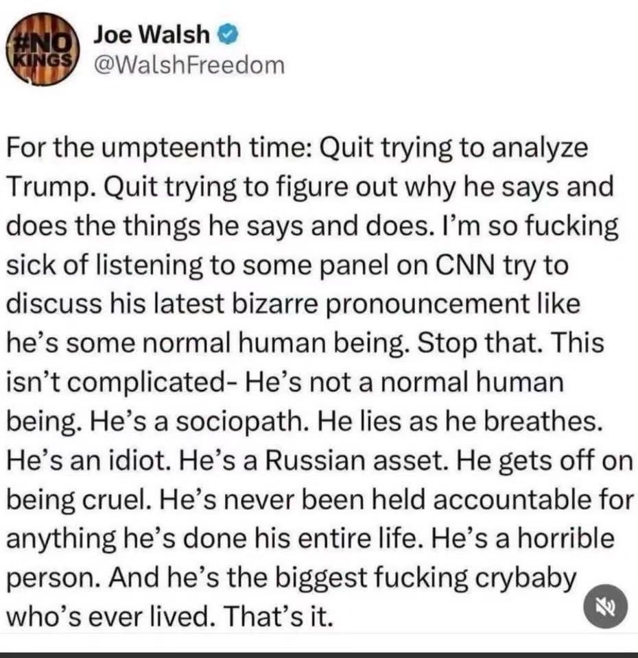 TheDemCoalition's tweet photo. "This isn't complicated - he's not a normal human. He's a sociopath. He lies as he breathes." - Former Republican Congressman Joe Walsh

#ResistTrump https://t.co/6NMlGlYqVR