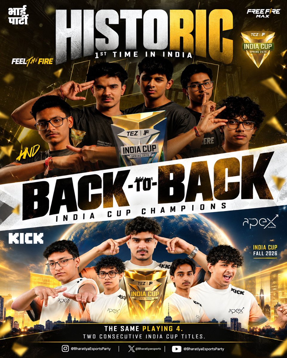 BharatiyaEsport's tweet photo. From Team HIND to APEX GAMING - SAME ROSTER, BACK-TO-BACK FFMIC CHAMPIONS!

First roster EVER to defend the title in India.

Fall 2026 🏆
Spring 2026🏆

FEEL THE FIRE

#FFMIC #FreeFireMAX #TagOnTop https://t.co/L7m6C59d6o