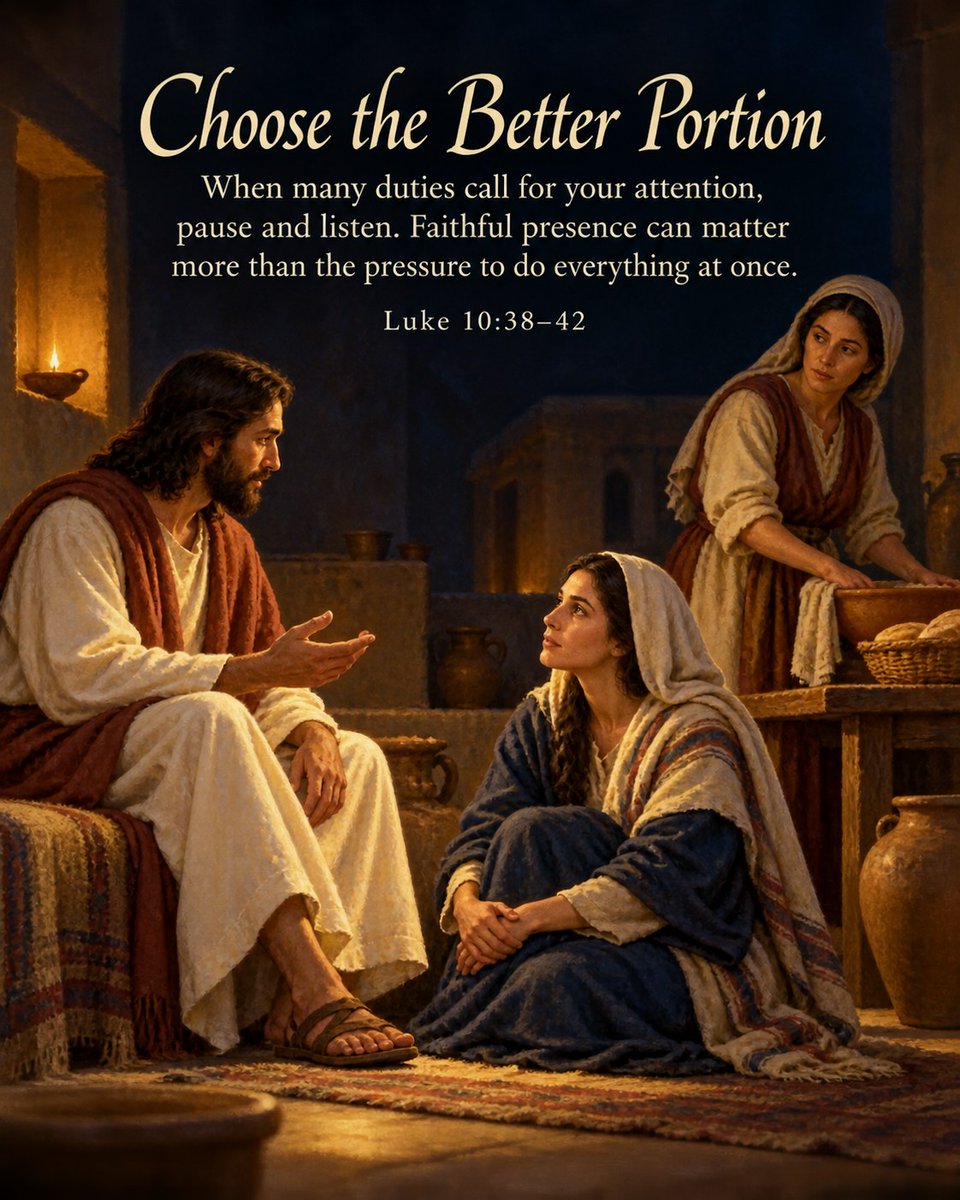 HolyVersesOrg's tweet photo. In Luke 10:38–42, Martha welcomes Jesus into her home while Mary sits and listens to him. Martha's work is real and generous, yet the passage shows how easily even good responsibilities can become a source of distraction and strain. Jesus draws attention to the value of being pre https://t.co/RRXgD2Fv7C