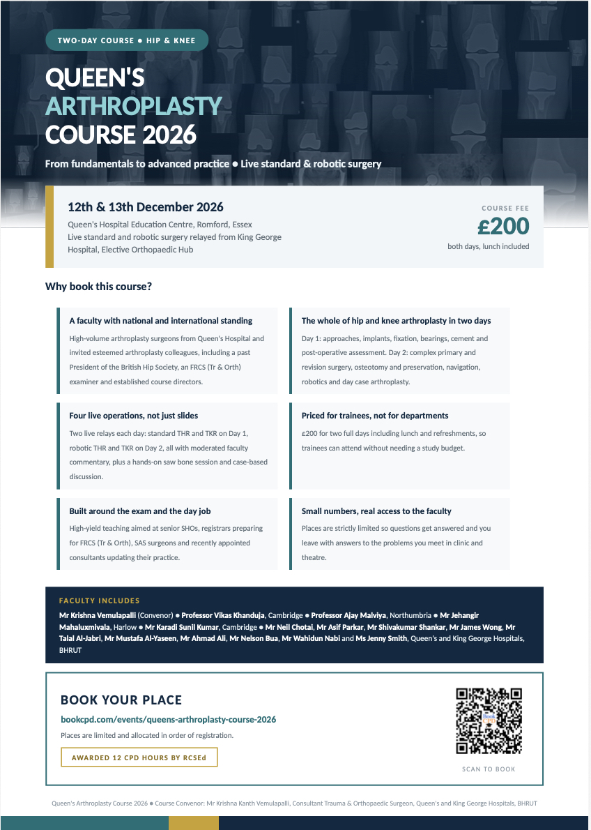 bota_uk's tweet photo. Queens Arthroplasty Course 

Comprehensive 2 day course covering aspects of Hip and Knee Arthroplasty 

📅 12th-13th December 
📍Queens Hospital 
💰£200

https://t.co/Ee9GxHqjmX

#paidad https://t.co/mClLNdrn5v