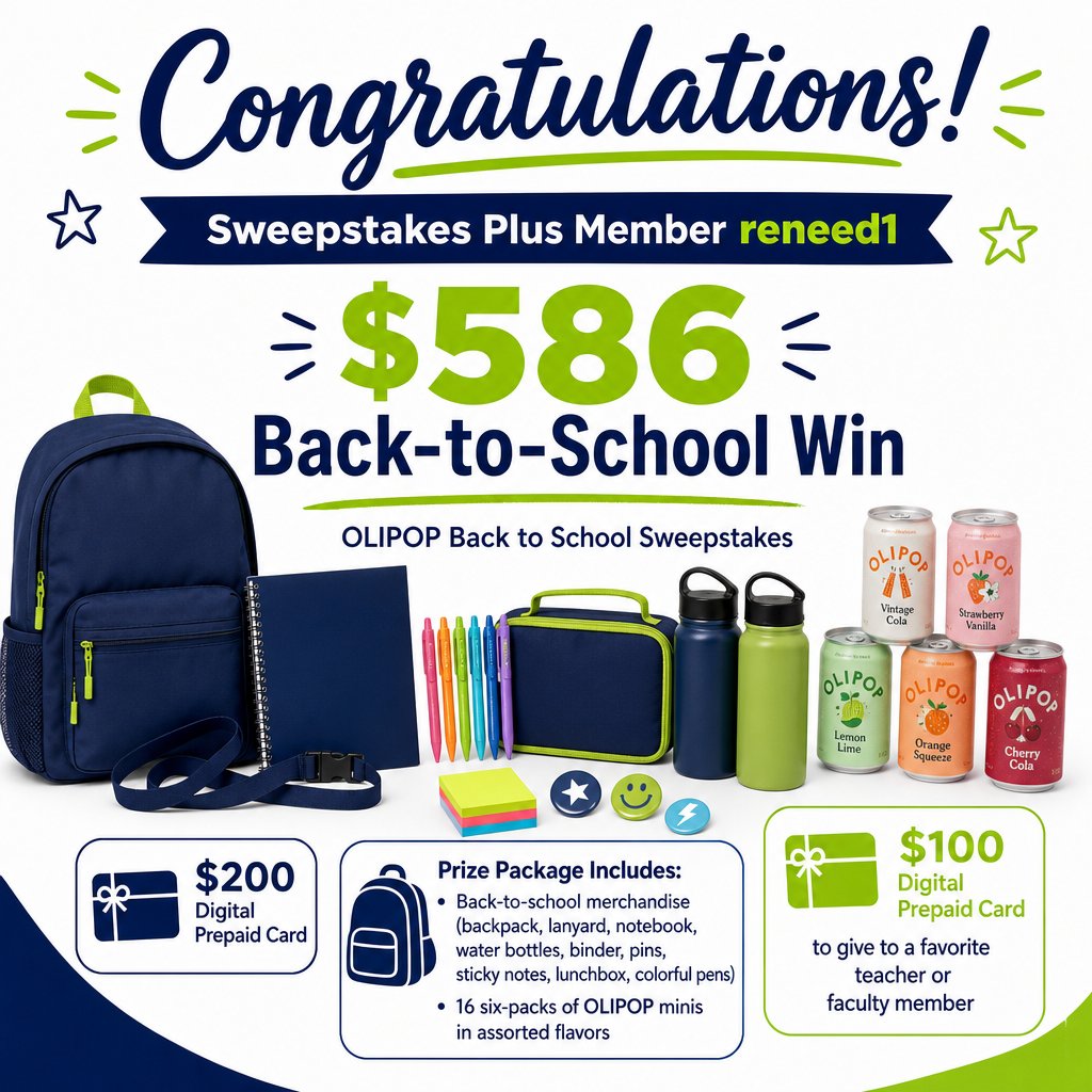 SweepsAdvantage's tweet photo. Congrats to Sweepstakes Plus member reneed1 on a $586 OLIPOP Back to School prize package! 🎉📚 Real member wins are shared in our forum—join the conversation and share yours:
https://t.co/AkfcF1tbgu

#SweepstakesWinner https://t.co/xKTagTch1S