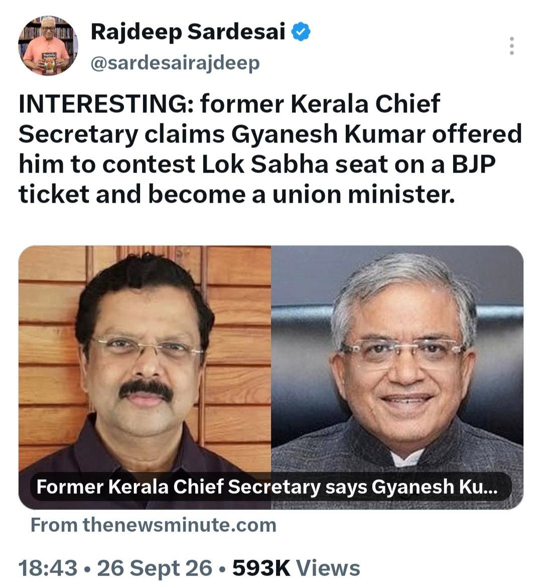 PoornimaNimo's tweet photo. Rajdeep Sardesai, 

When former CEC, TN Seshan, had contested the Lok Sabha elections after his retirement from the CEC post, on a Congress ticket against L. K. Advani and lost, were you sleeping ?? Have you ever mentioned how biased and partisan was the former CEC under the Congress Party???

When former CEC, M S. Gill had joined the Congress after his stint as the CEC & was made a Rajya Sabha MP from Punjab and later a Union minister in the UPA government, where was your post and sly tweet on the Congress. Did you ever question Rahul Gandhi or Sonia Gandhi on this ???

When former CEC, RK Trivedi was made the Governor of Gujarat after his tenure finished as the CEC under the Rajiv Gandhi government, did you mention this in any of your interviews, X posts, reports or debates???

When former CEC, V S Ramadevi was made the Governor of HP under the Gujaral government which had the support of the congress party, did you point out the partisan politics of the congress or the ruling party ???

Give your tongue a rest. Everyone is aware how the bread on your table reaches you. 
We understand you and your spouse are facing tough times after WB defeat. Cope.
