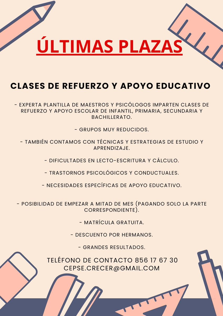 1CRECER's tweet photo. ¡NO TE QUEDES SIN TU PLAZA!
- Experta plantilla de Maestros y Psicólogos Imparten clases de Refuerzo y Apoyo Escolar de Infantil, Primaria, Secundaria y Bachillerato.
- GRUPOS MUY REDUCIDOS, no te quedes sin tu plaza.
- También contamos con Técnicas y Estrategias de Estudio https://t.co/6OdU9uswYf