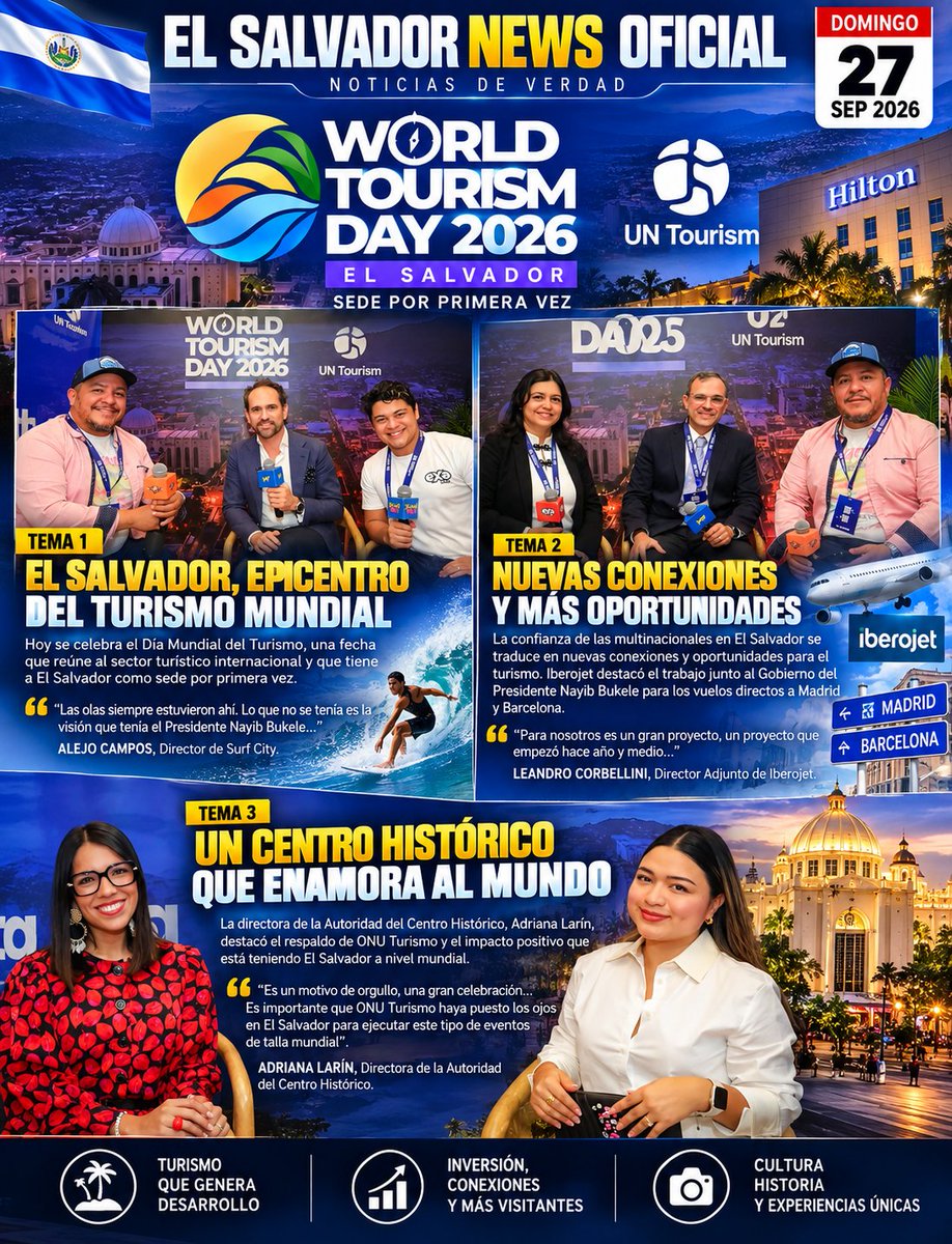 elsalvadornews_'s tweet photo. 🌎🇸🇻 Hoy se celebra el Día Mundial del Turismo, una fecha que reúne al sector turístico internacional y que tiene a El Salvador como sede por primera vez.

Desde el lugar del evento, en el hotel Hilton, Radio Corporación FM transmite en vivo a través de YXY, La Pop y Club. “Las olas siempre estuvieron ahí. Lo que no se tenía es la visión que tenía el Presidente Nayib Bukele a través del Ministerio de Turismo, de decir, bueno, transformemos esa condición única que tiene este país, que es uno de los cinco países mejores en todo el mundo para surfear; es un motor de la economía”, destacó el director de Surf City, Alejo Campos.

🌎🇸🇻 La confianza de las multinacionales en El Salvador se traduce en nuevas conexiones y oportunidades para el turismo. 

La country manager de Iberojet, Carolina Machuca, y el director adjunto de Iberojet, Leandro Corbellini, destacaron el trabajo realizado junto al Gobierno del Presidente Nayib Bukele para hacer realidad los vuelos directos hacia Madrid y Barcelona.

“Para nosotros es un gran proyecto, un proyecto que empezó hace año y medio, que empezamos a trabajar con el Gobierno, con las autoridades, con la Autoridad de Aviación Civil, con todas las entidades, tanto de aquí como de España”, destacó Corbellini.

🌎🇸🇻 La directora de la Autoridad del Centro Histórico, Adriana Larín, participó en el espacio de entrevistas de Diario El Salvador, en su transmisión por la celebración del Día Mundial del Turismo, que se desarrolla por primera vez en el país. 

“Es un motivo de orgullo, una gran celebración, es una respuesta y algo especial por todo lo que hemos ido construyendo como cartera de turismo. Es importante que ONU Turismo haya puesto los ojos en El Salvador para ejecutar este tipo de eventos de talla mundial; nos da mucho respaldo, también habla de la gestión que el Gobierno del Presidente Nayib Bukele está haciendo y del impacto positivo que está teniendo a nivel mundial”, dijo.