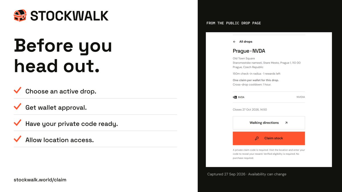 stockwalkworld's tweet photo. Before heading to a STOCKWALK pin:

Check that the drop is active.
Get your wallet approved.
Have the private claim code ready.
Allow location access on your phone.

Get approval and your code before making the trip.
https://t.co/cGPoPEapk6 https://t.co/Vu5bdSyB2t