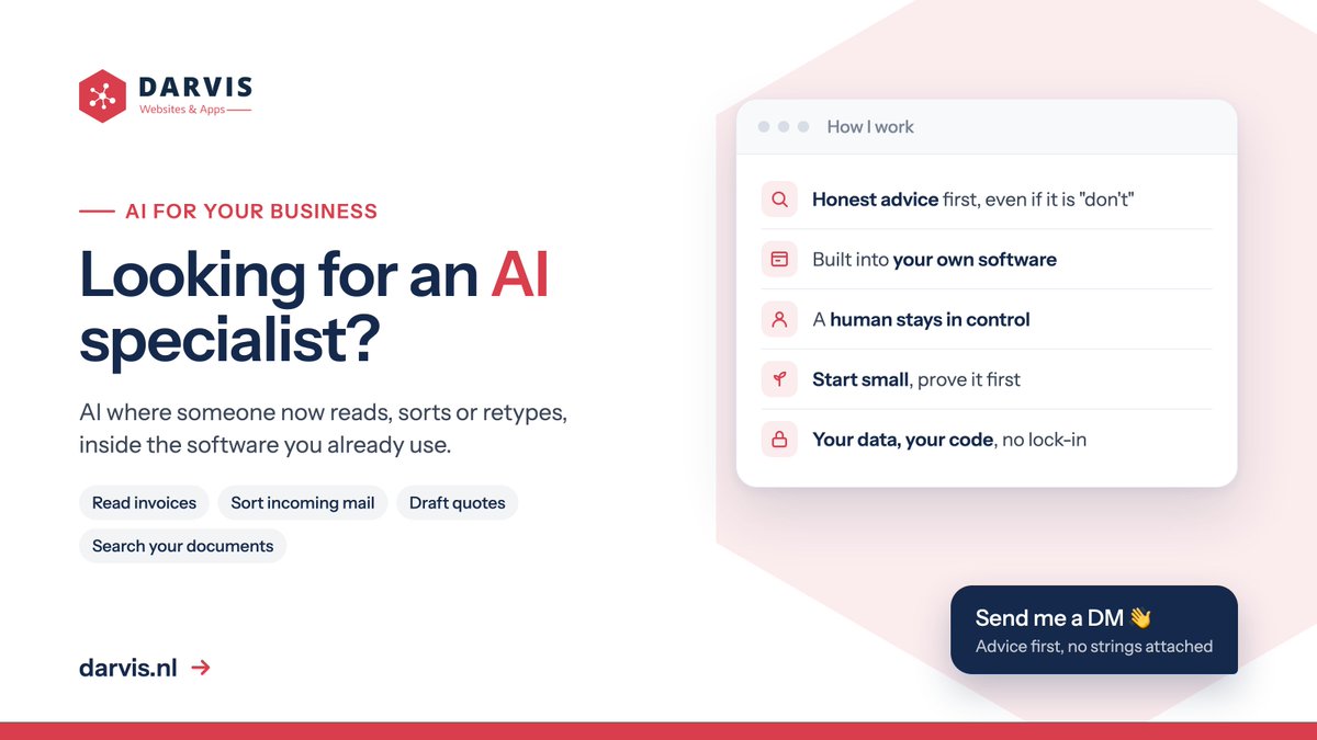 JongArvid's tweet photo. https://t.co/XEeRDCVAyK

Looking for an AI specialist?

Here's what I'll tell you first: you probably don't need a new AI platform. You need AI in the one spot where someone now reads, sorts or retypes the same things every day.

How I work at Darvis:

🔍 Honest advice first: where AI saves time, what it costs, and where you're better off without it
🧩 Built into the software you already use, not another chat window on the side
👤 A human stays in control, with a review step and a record of what happened
🌱 Start small: one step runs alongside your team until it has proven itself
🔐 Clear answers on what is allowed with your data
🔑 No lock-in. The advice and the code are yours, even if someone else builds it

Reading invoices, sorting incoming mail, drafting quotes, searching your own documents: that's where it pays off.

Want to know what AI could actually do for your business? Send me a DM.

#AI #AIAutomation #AIConsulting #SmallBusiness