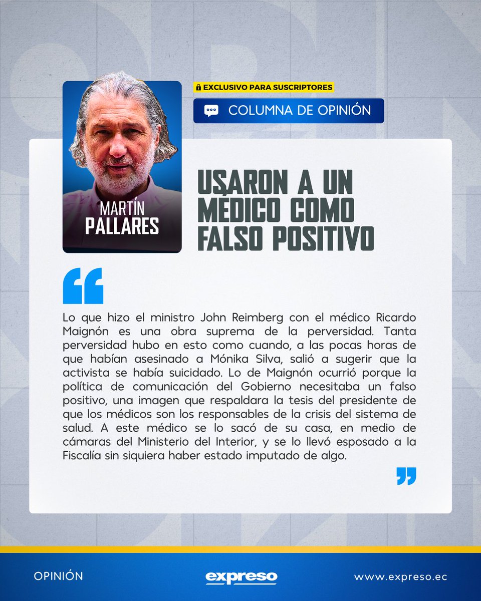 Expresoec's tweet photo. #OPINIÓN: "La canallada que se hizo con Maignón y otros médicos que también fueron víctimas del operativo fue una maniobra de comunicación política que nada tiene que ver con la lucha contra las mafias", escribe Martin Pallares en su columna de hoy. 👇
https://t.co/ZOiujxBrjI https://t.co/nhPFGnXOkT