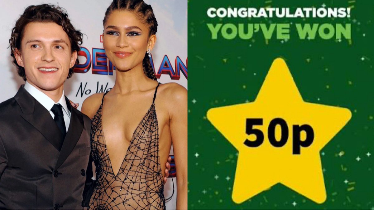 FakeShowbizNews's tweet photo. Tom Holland and Zendaya celebrate winning 50p in the ‘Basket Bonanza’ game on Asda’s Rewards app.

“What a year it’s turning out to be - first Spiderman becomes a mega hit and now this,” beamed Tom https://t.co/3xHP9hbBP4