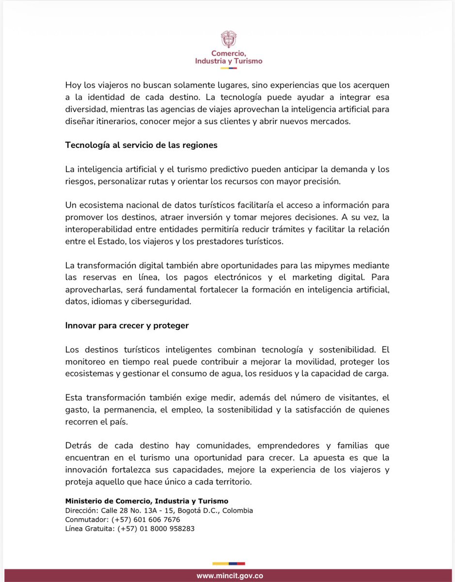 MincomercioCo's tweet photo. En el Día Mundial del Turismo, Colombia apuesta por la innovación para conectar regiones, fortalecer las mipymes y abrir nuevas oportunidades. 🇨🇴🌎

Tecnología, inteligencia artificial, datos y sostenibilidad al servicio de nuestros territorios.

🔗: https://t.co/7CU7johPej https://t.co/OKIeDehf9Y