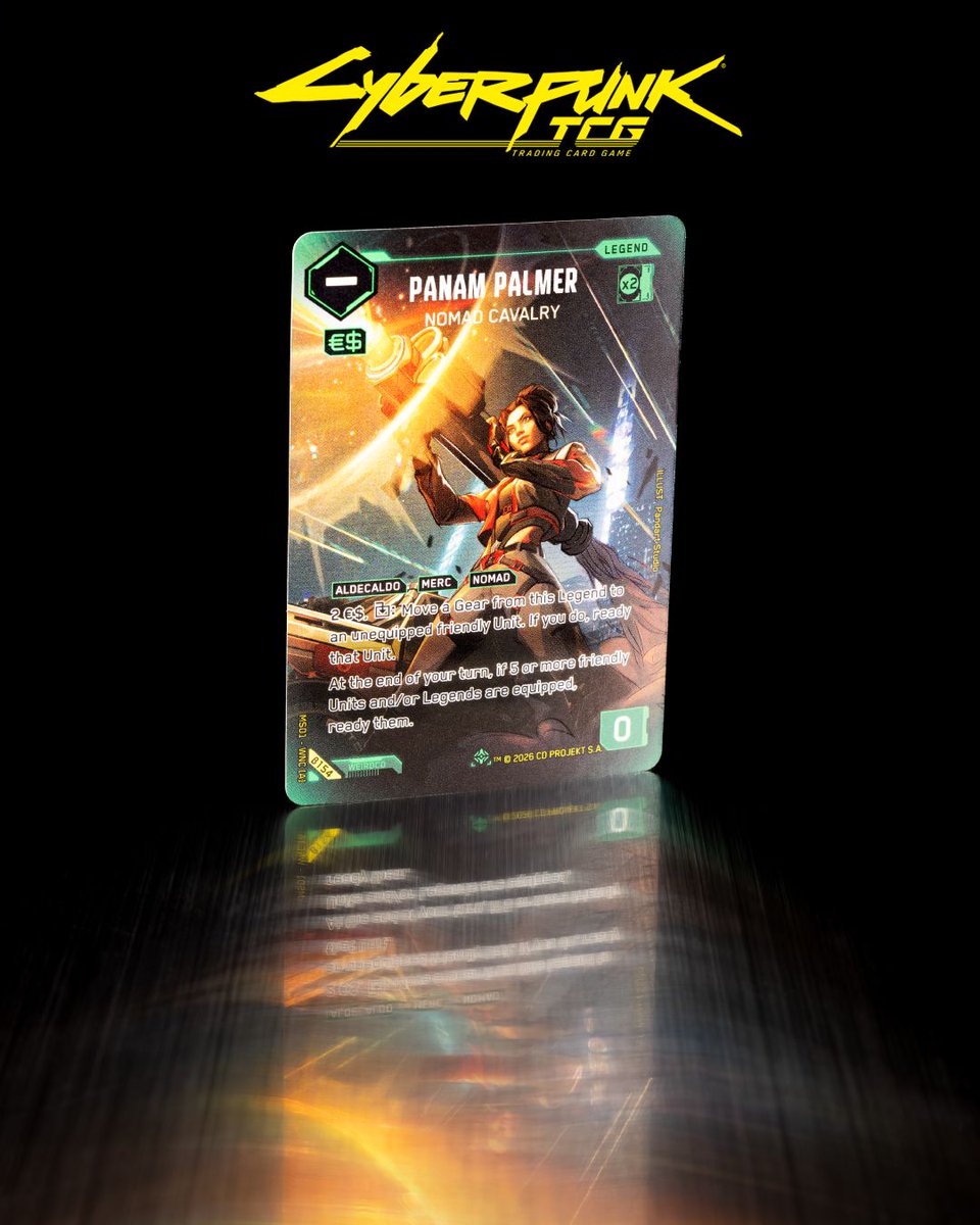 Cyberpunk_TCG's tweet photo. Whether she’s cruising the Badlands, or bringing down an AV with a portable rocket launcher, Panam always stands out.

You can almost feel the heat radiating from this Beta Iconic Rare!

Find your local Cyberpunk TCG store here👇🔗 https://t.co/B17vJzMqn9