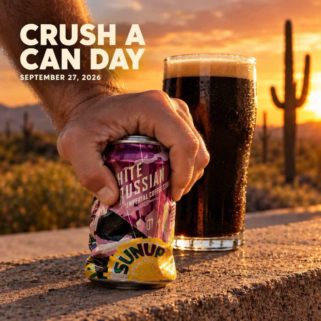 sunupbrewing's tweet photo. September 27, 2026 is National Crush a Can Day. Finish the beer first, then give the empty can a proper desert sunset send-off. #NationalCrushACanDay #PhoenixBeer #SunUpBrewing https://t.co/5LGWj2bXl4
