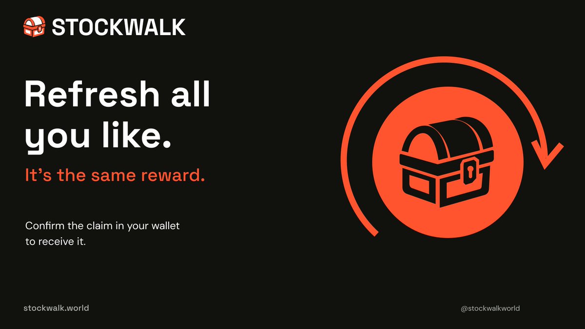 stockwalkworld's tweet photo. Refreshing the page will not change your reward.

After a valid check-in, STOCKWALK keeps the same allocation if you reload or scan again. Confirm the claim in your wallet to complete the transfer.

https://t.co/vOGQtnYdUw https://t.co/CmvZLBXBeG
