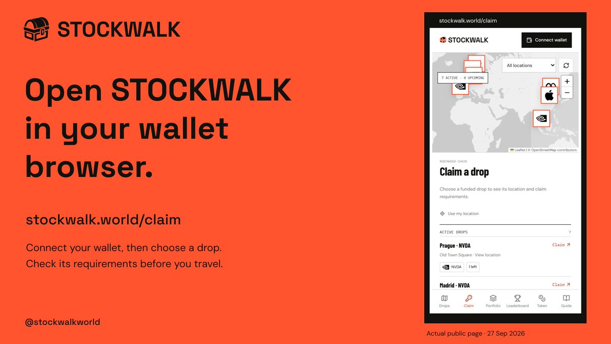 stockwalkworld's tweet photo. Using a phone? Open STOCKWALK inside your wallet app's browser so the site can connect to your wallet.

Go to Claim to choose a funded drop and check its requirements.

https://t.co/cGPoPEapk6 https://t.co/hRfQKEePsG