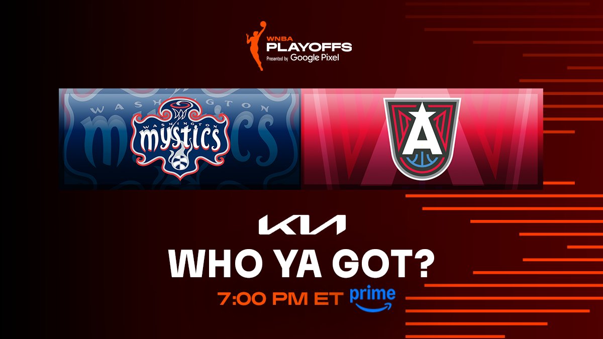 WNBA's tweet photo. A showdown full of action 👀

Mystics vs. Dream 7pm/ET on Prime Video.

@Kia Who Ya Got? https://t.co/3eRRRZ9EIt
