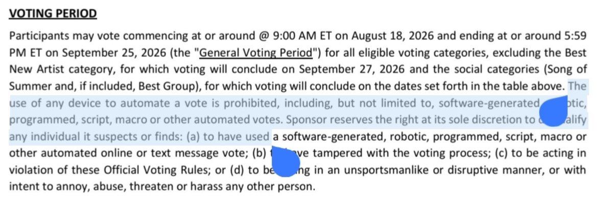 eomcoertis's tweet photo. GUYS PLEASE DO NOT USE AUTO CLICKER OR ANY AUTOMATED TOOL 😭😭 THATS PROHIBITED OH MY GOD PLEASE 😭😭 IT NEEDS TO BE MANUALLY!!!! it only takes approx 4 minutes to vote 100X!!

"The use of any device to automate a vote is prohibited, including, but not limited to, software-generated, robotic, programmed, script, macro or other automated votes."