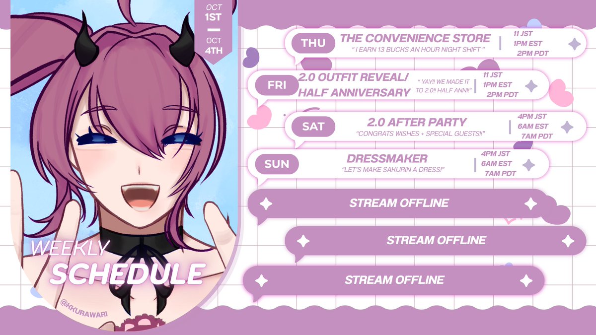 SAKI_OFFI's tweet photo. 【Weekly Schedule】
  
Oct.1st - Oct.4th🌸 

✦ GENERAL: #sakurahimawari / #桜向日葵
✦ LIVE: #sakulive
✦ ART:#sakucanvas
✦ THUMBNAIL/ASSETS: #sakunail
✦ FAN NAME: sakurins 
✦ MEMES:  #sakutroll
✦ CLIPS: #sakucaught 

Art by: @/kkurawari 🩷 https://t.co/RXPKWnJcHN